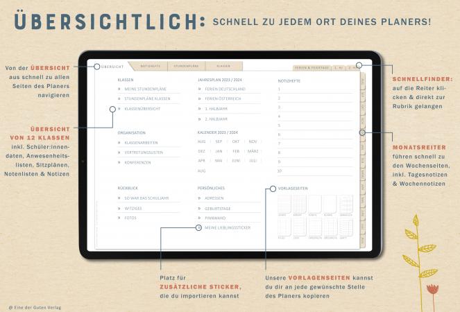 Digitaler Terminkalender 2023 2024 für Lehrerinnen & Lehrer für die Unterrichtsplanung, interaktives pdf